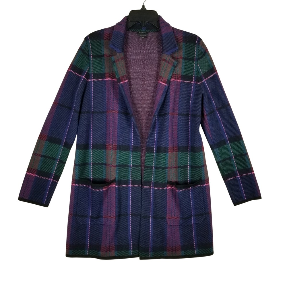 Talbots Plaid Cardigan Women Small Blue Purple Merino Wool Open Front Blazer